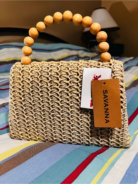 Savannah Handbags - Savannah Natural Straw Mini Bag with Wooden Bead Handle